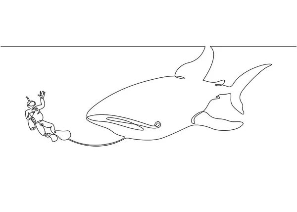 Continu getekende één tekstregel een duiker met een camera en een haai onder water — Stockfoto