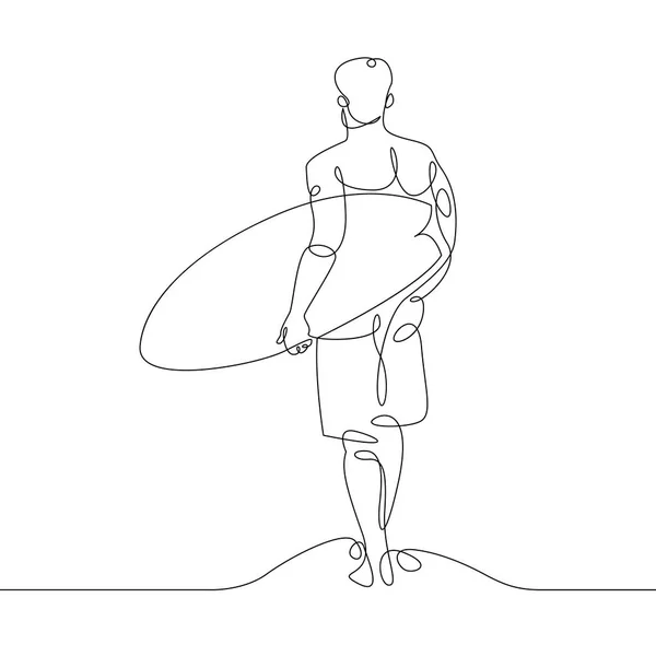 Kontinuální jeden nakreslený samostaného surfař s surfu na pláži — Stock fotografie