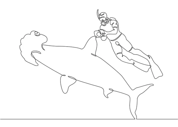 Continuous único desenhado uma linha de um mergulhador com uma câmera e um tubarão sob a água — Fotografia de Stock