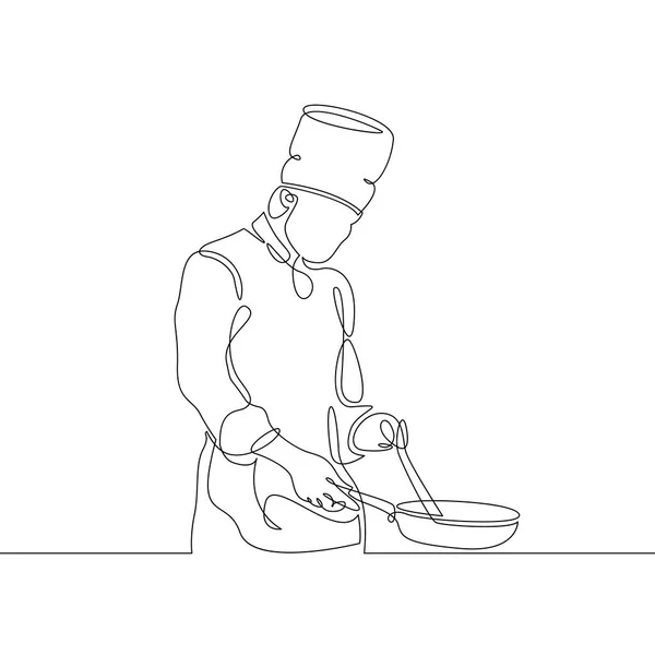 Linha contínua de desenho de chef cozinhar refeição gourmet, preparando alimentos — Fotografia de Stock