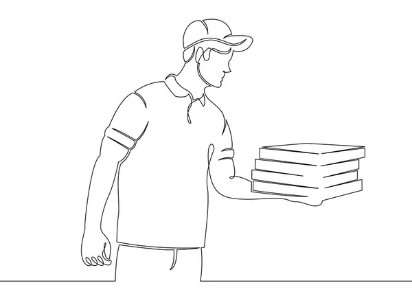 Continuo solo dibujado una línea carácter pizza courier — Vector de stock