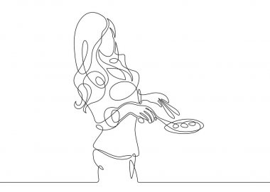 Continuous single line one morning, breakfast, meal character at the table. Coffee, fried eggs, tea, toast, juice.The girl is preparing a skillet for food. vector Continuous single line one morning, breakfast, meal character at the table. Coffee, fried eggs, tea, toast, juice.The girl is preparing a skillet for food. vector
