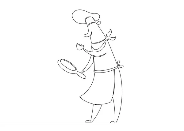 Un continuo singolo disegnato linea personaggio cuoco cuoco cartone animato — Vettoriale Stock