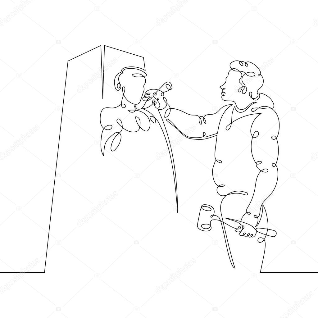 One continuous single drawn art line minimalism doodle hand sculptor working carving stone sculpture . Concept of art of creativity . Isolated image minimalist vector illustration