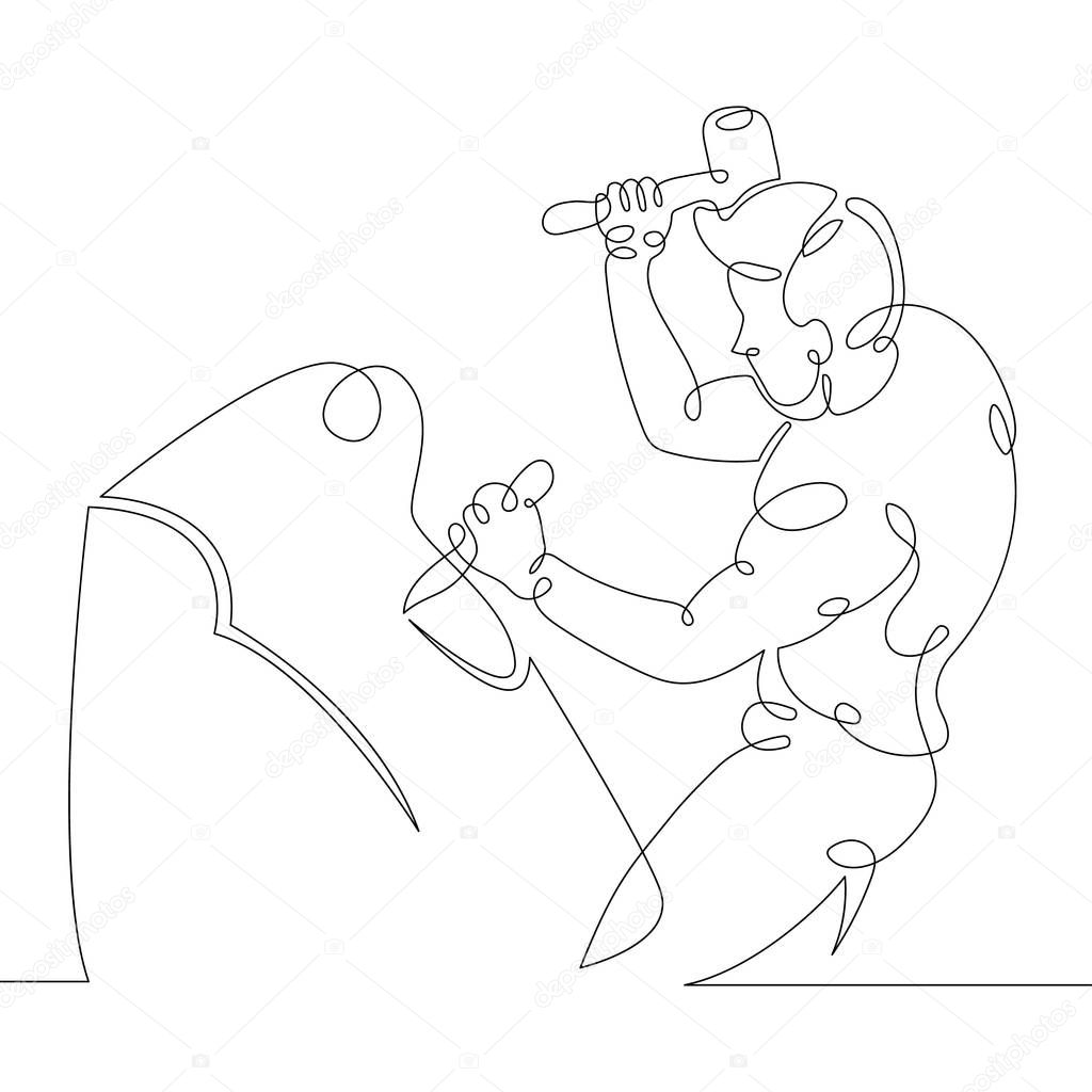 One continuous single drawn art line minimalism doodle hand sculptor working carving stone sculpture . Concept of art of creativity . Isolated image minimalist vector illustration