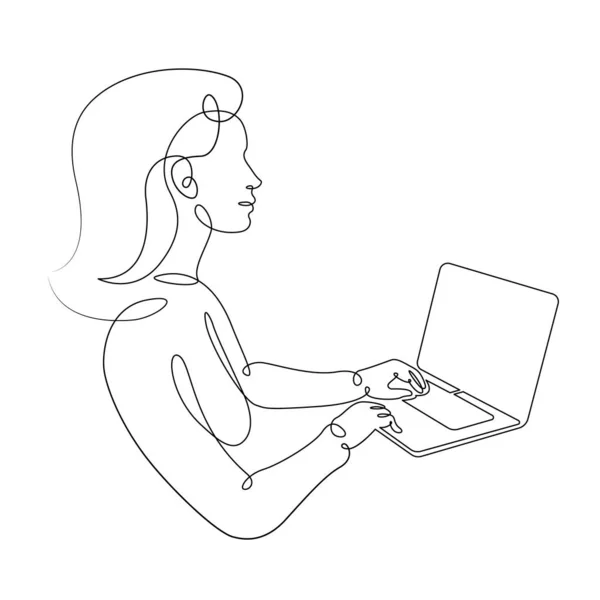 프로그래머인 소녀가 노트북을 가지고 일하고 있습니다. 정보 기술 개념. — 스톡 벡터