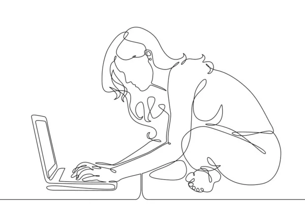 ノート パソコンで連続線の描画の女の子が座っています。 — ストック写真