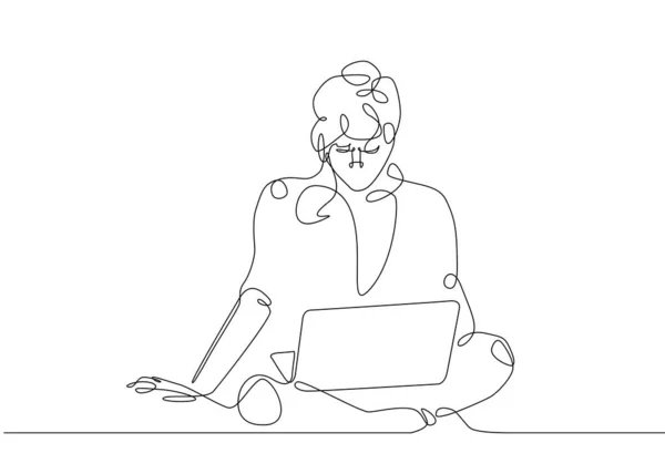 continuous line drawing girl sits at a laptop