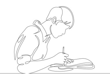 Aralıksız bir tane, bir kitap, bir ders kitabı ile meşgul olan bir yazarı okuyan bir öğrencinin çizilmiş çizgisidir. Eğitim eğitimi kavramı.