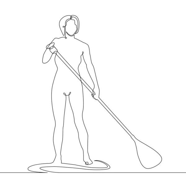 Continuous one l drawn line sup gir woman on a paddle in the sea — Stock Photo, Image