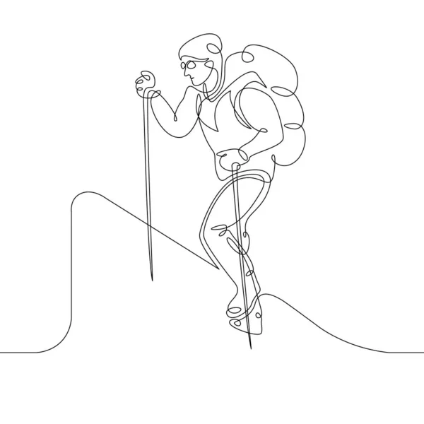 Contínua única linha desenhada do personagem turístico Nordic caminhada, escalada, alpinista, caminhada, bengalas, montanhista — Fotografia de Stock