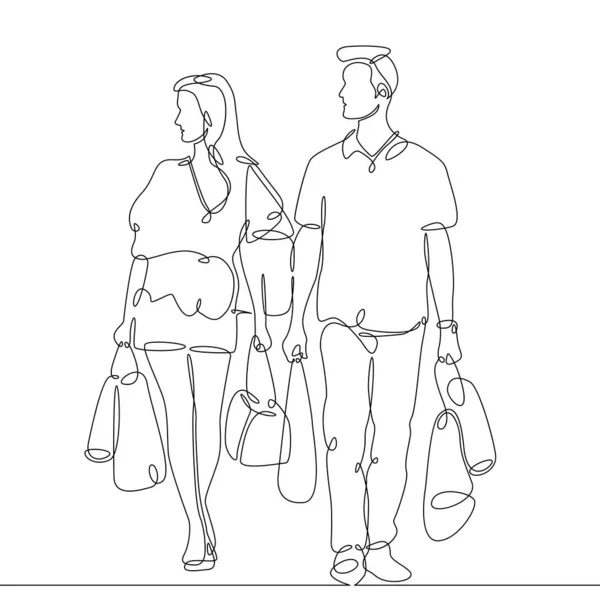 Linha contínua desenho de homem e mulher de compras com sacos, casal de compras — Fotografia de Stock