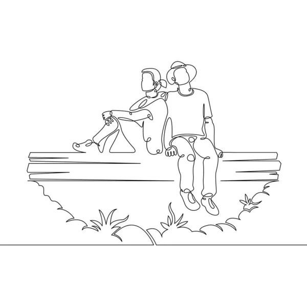 Continuo singolo disegnato linea del carattere turisti seduti coppia amorevole sul ponte al torrente, incontro — Foto Stock