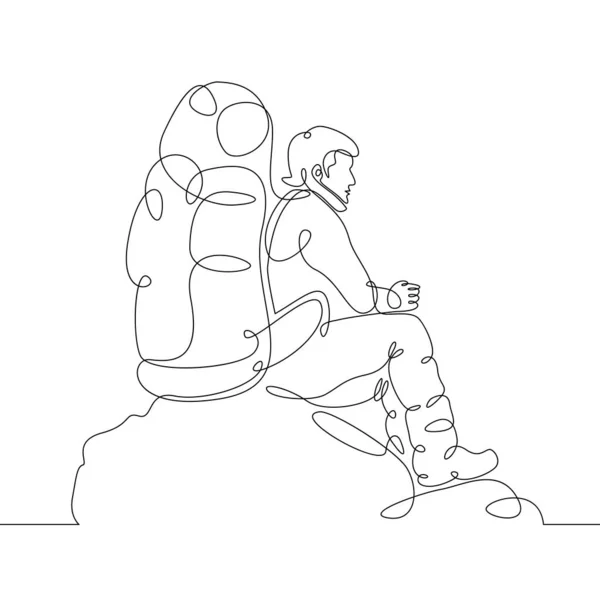 Continuous single one drawn line of the tourist character tourist with a backpack on a rock — ストック写真