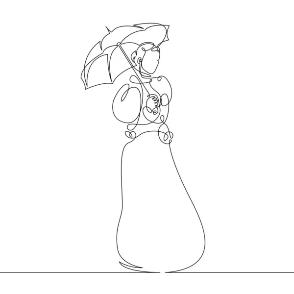 Linea continua singola ragazza disegnata a mano in un vestito con un ombrello — Foto Stock