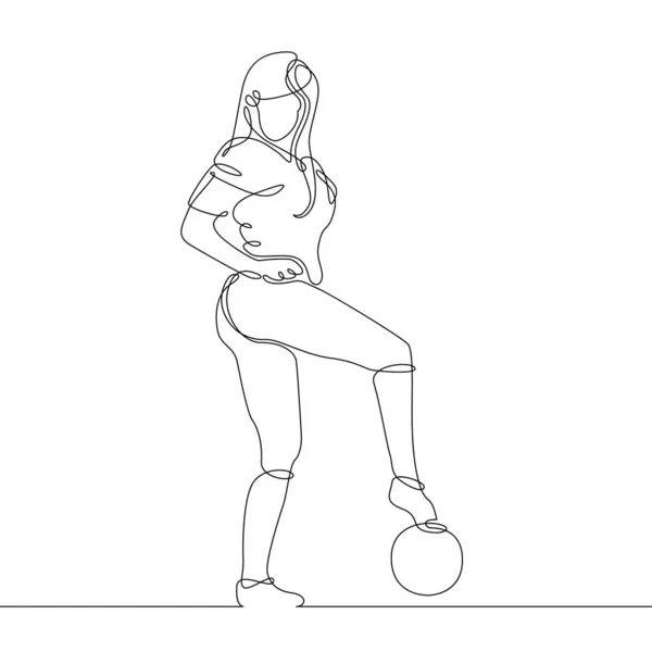 Continuo singolo disegnato linea ragazza giocatore di calcio donna con palla — Foto Stock