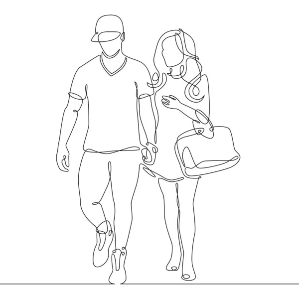 Continuous line drawing of young couple, together happy older couple walking — ストック写真