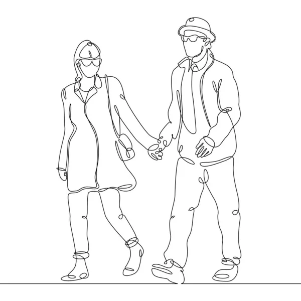 Ununterbrochene Linienzeichnung eines jungen Paares, zusammen glückliches älteres Paar zu Fuß — Stockfoto