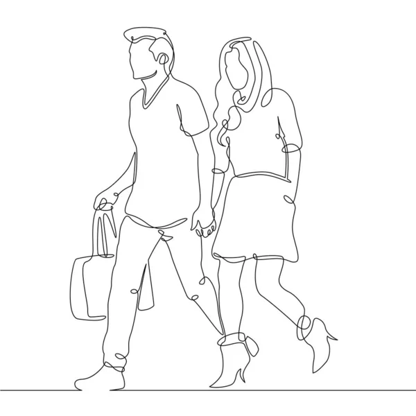 Kontinuerlig linje ritning av unga par, tillsammans glad äldre par promenader — Stockfoto
