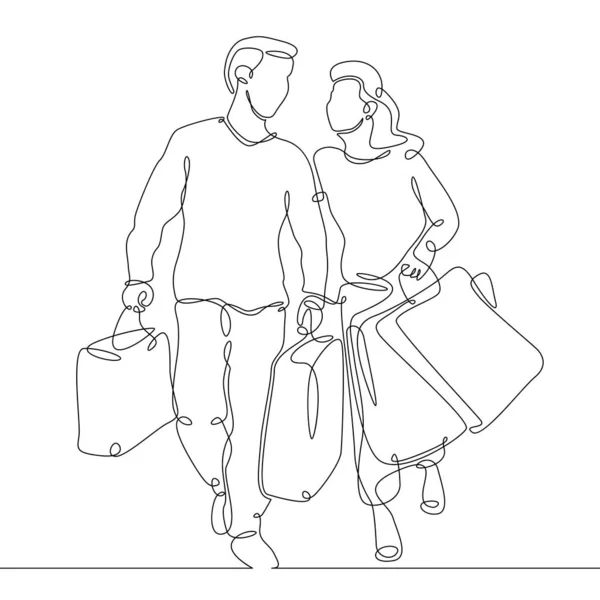 continuous line drawing of man and woman shopping with bags , couple shopping