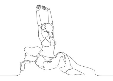 Sürekli tek çizgi çizilmiş karakter kız kadın yatakta sabah uyanır