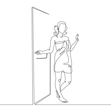 Bir kız kadın bir sauna tarafından çizilmiş bir sürekli çizgi tek, buhar odası, duş.