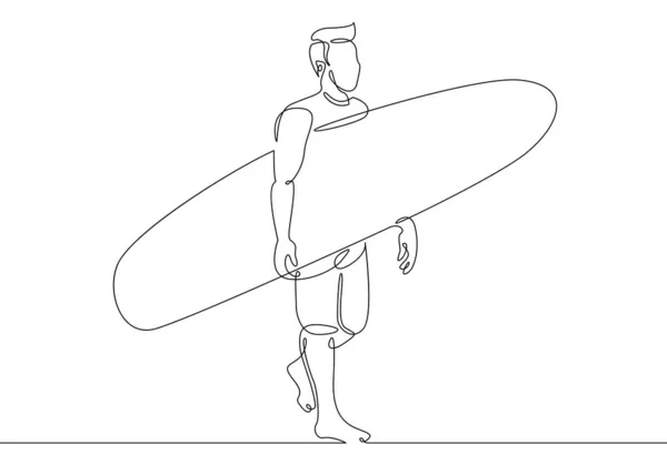 Continuous one single drawn surfer line on a surfboard on the crest of a wave on the beach — Stock Photo, Image