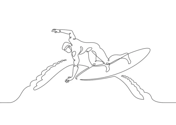 Linea continua di un singolo surfista disegnato su una tavola da surf sulla cresta di un'onda sulla spiaggia — Foto Stock