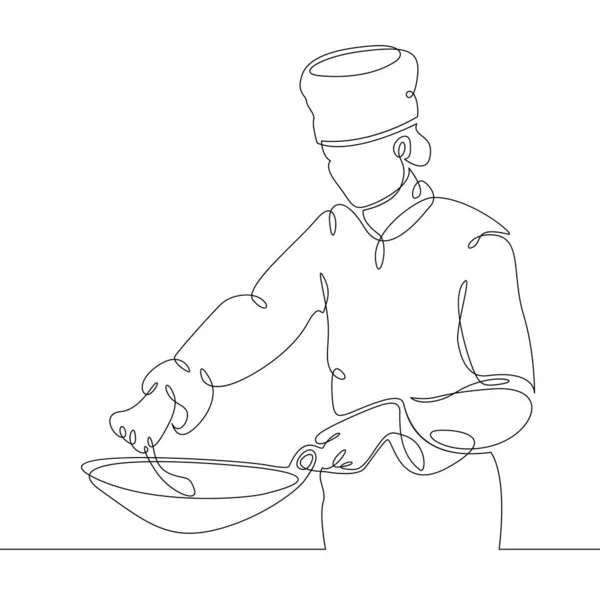 Kontinuierliche Linienzeichnung des Chefs Kochen Gourmet-Mahlzeit, Zubereitung von Lebensmitteln — Stockfoto
