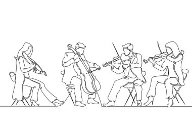 Continuous one single line drawn musical quartet violin musicians clipart