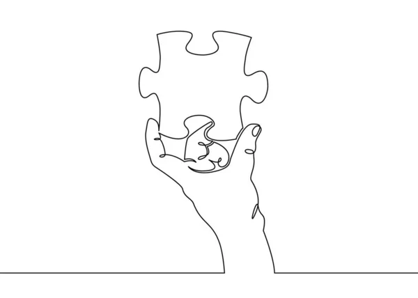 Een continue getekende enkele hand palm hand bedrijf puzzel. — Stockfoto