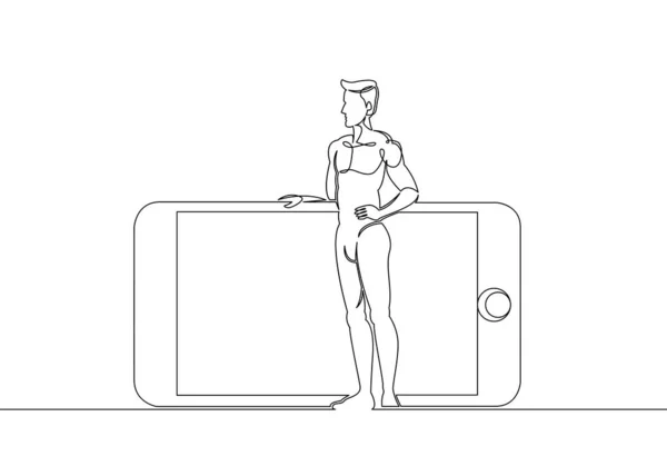 Een continue getekende één regel van een man staat naast een grote mobiele telefoon — Stockfoto