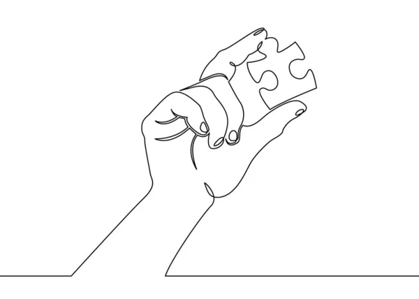 Een continue getekende enkele hand palm hand bedrijf puzzel. — Stockfoto