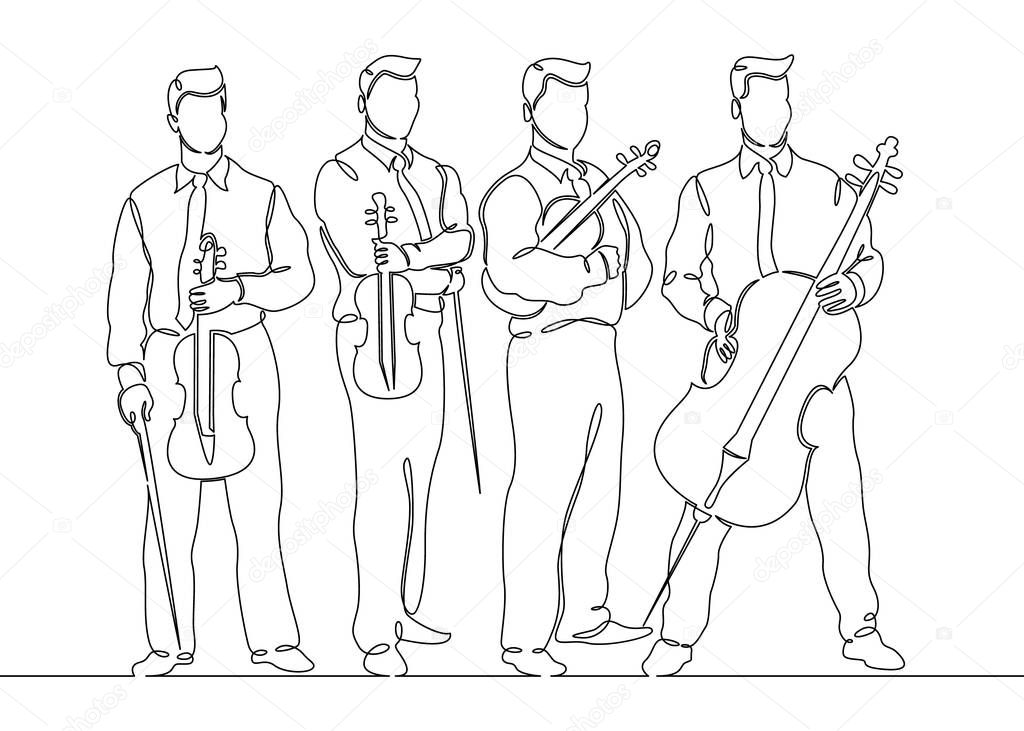 Continuous one single line drawn musical quartet violin musicians
