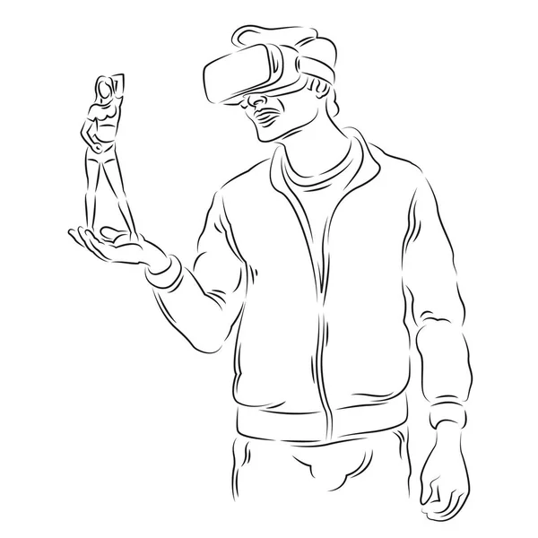 Homme dans le casque de VR tient une fille dans la paume de sa main — Photo