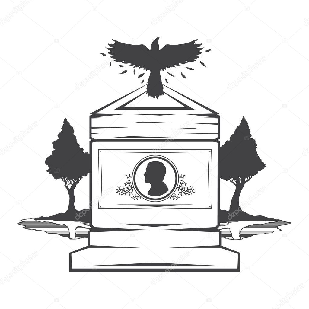 Vector isolated image of contour the grave gravestone monument depicting male profile. Headstone for print and web design funeral services. Burial and funeral . Crow, the raven.Pines tree.Lake or pond
