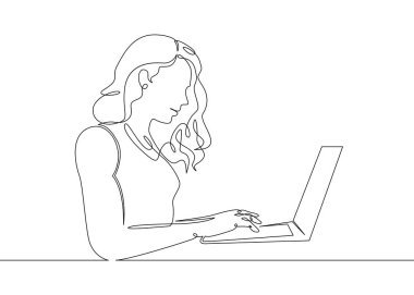 Bir sürekli tek çizilmiş çizgiyi sanat laptop kız doodle