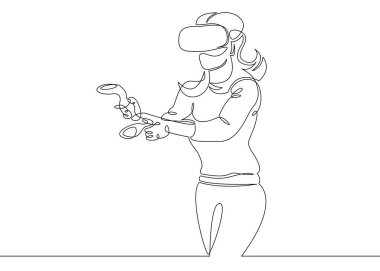 Bir sürekli tek çizilmiş çizgiyi sanat bir kask sanal gerçeklik kız doodle