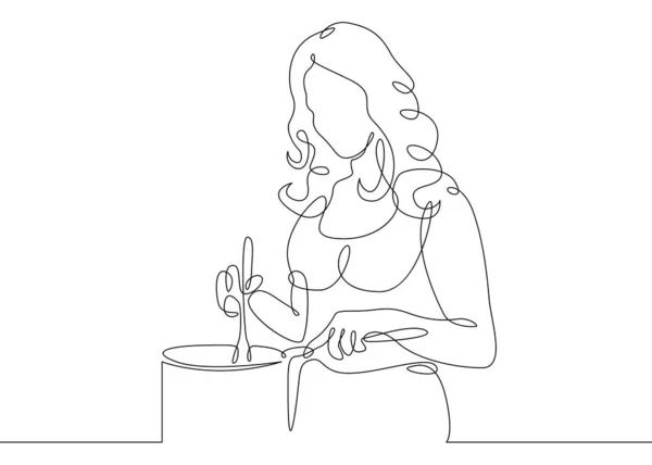 En kontinuerlig enda ritade linjen doodle cook kvinna — Stockfoto
