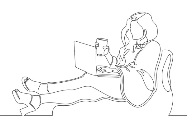 Um computador portátil contínua linha desenhada arte doodle menina — Fotografia de Stock
