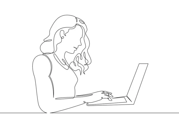 Одна сплошная нарисованная линия искусства дудл девушка ноутбук — стоковое фото