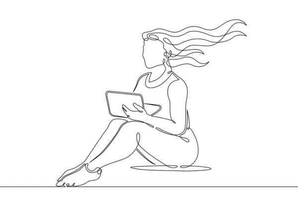 Um computador portátil contínua linha desenhada arte doodle menina — Fotografia de Stock