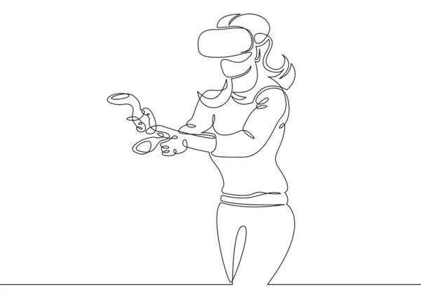 一个连续的单线画线艺术涂鸦女孩在头盔虚拟现实 — 图库照片
