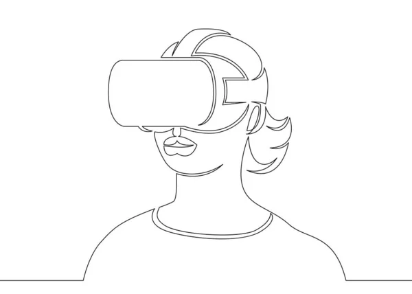 Un singolo continuo disegnato linea art doodle ragazza in un casco realtà virtuale — Foto Stock