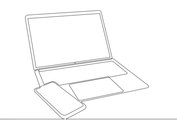 En kontinuerlig enda ritade linjen konst doodle dator mobil enhet laptop — Stockfoto