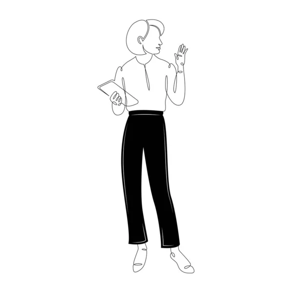 Fille pantalon noir se tient tablette — Image vectorielle