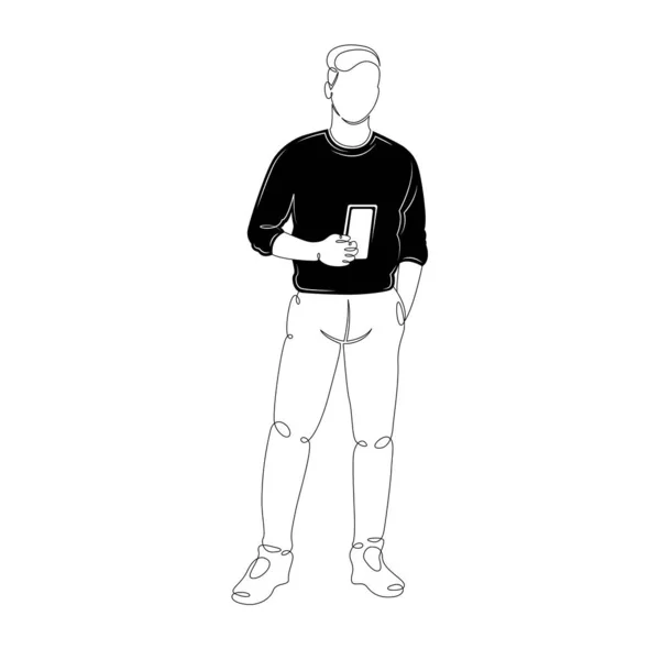 Mann schwarzes Sweatshirt steht Gerät Handy Tablet — Stockvektor