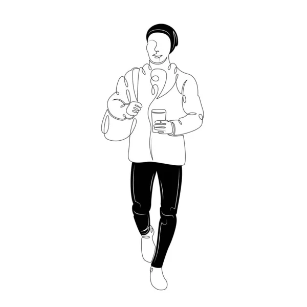 Homme avec sac à dos et café chaud — Image vectorielle