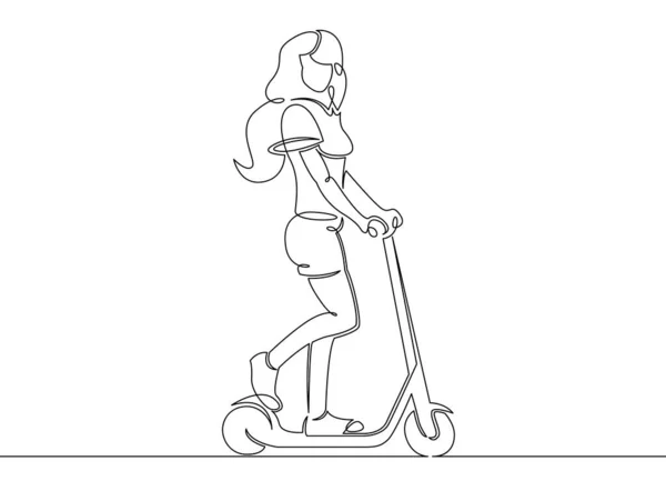 Kontinuerlig enkelt trukket linje kunst doodle pige, scooter - Stock-foto