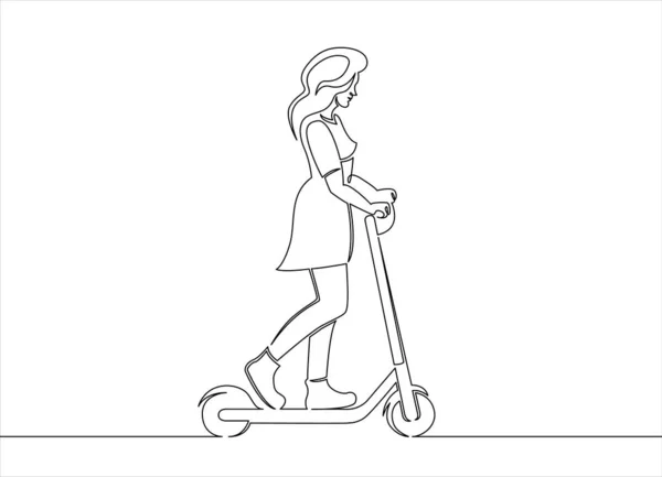 Ciągłe pojedyncze rysowane linia sztuki Doodle Girl, Scooter — Zdjęcie stockowe